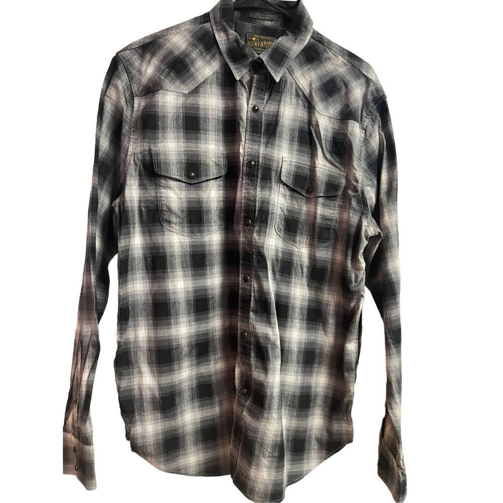 Lucky Brand Men's Slim Fit Button-Up Pockets Long Sleeve Checkered Shirt Size M